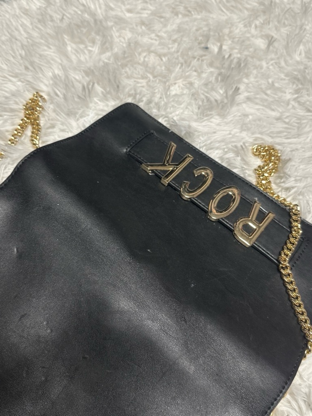 Steve Madden Black Leather Crossbody with Gold Chain and ROCK Hardware